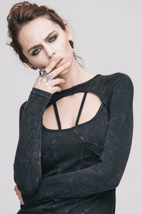 Women's Punk T-Shirt with Hollow Out Long Sleeves Straps Design