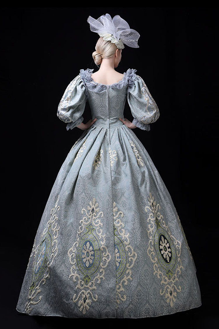 Blue Victorian Boat Neck Dress with Floral Embroidery - Altfashion Shop