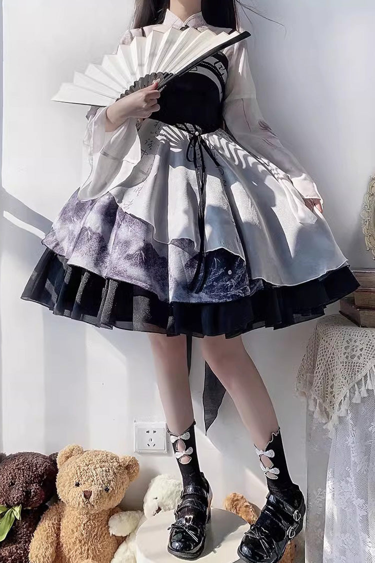 Ink Style Print JSK Set with Ruffles - Multi-Color