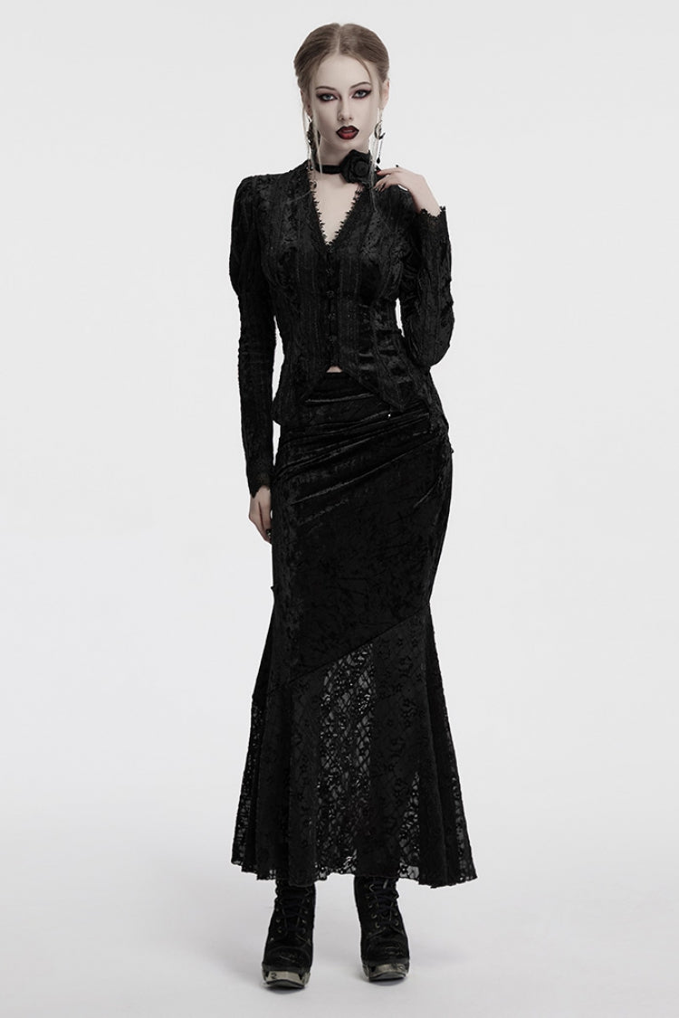 Gothic Fishtail Skirt with Batwing Embroidery & Lace Trim