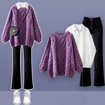 Purple Cable Round Collar Sweater Lapel Shirt Pants Set