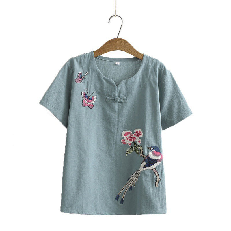 Vintage Bird Embroidery Buckle T-Shirt Pants Set