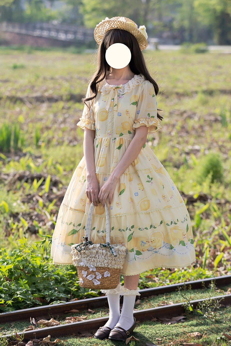 Lemon Chicken Print Short Sleeve Ruffled Bow Lace Daily Sweet Lolita Dress - Yellow
