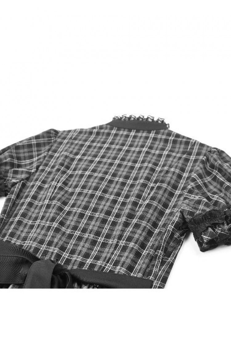 Monochrome Gothic Lolita Dress with Plaid, Stand Collar, and Lace-Up Front