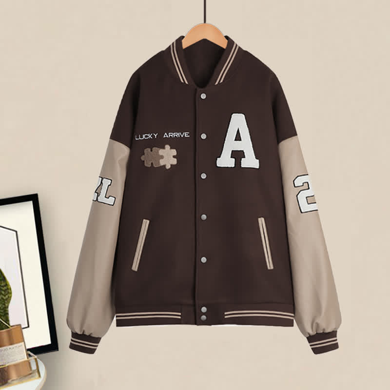 Brown Letter Baseball Jacket Pleated Skirt Set