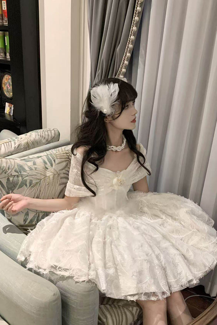 White Off Shoulder Jacquard Embroidered Bow Gothic Lolita Jsk Short Dress - Moonlight