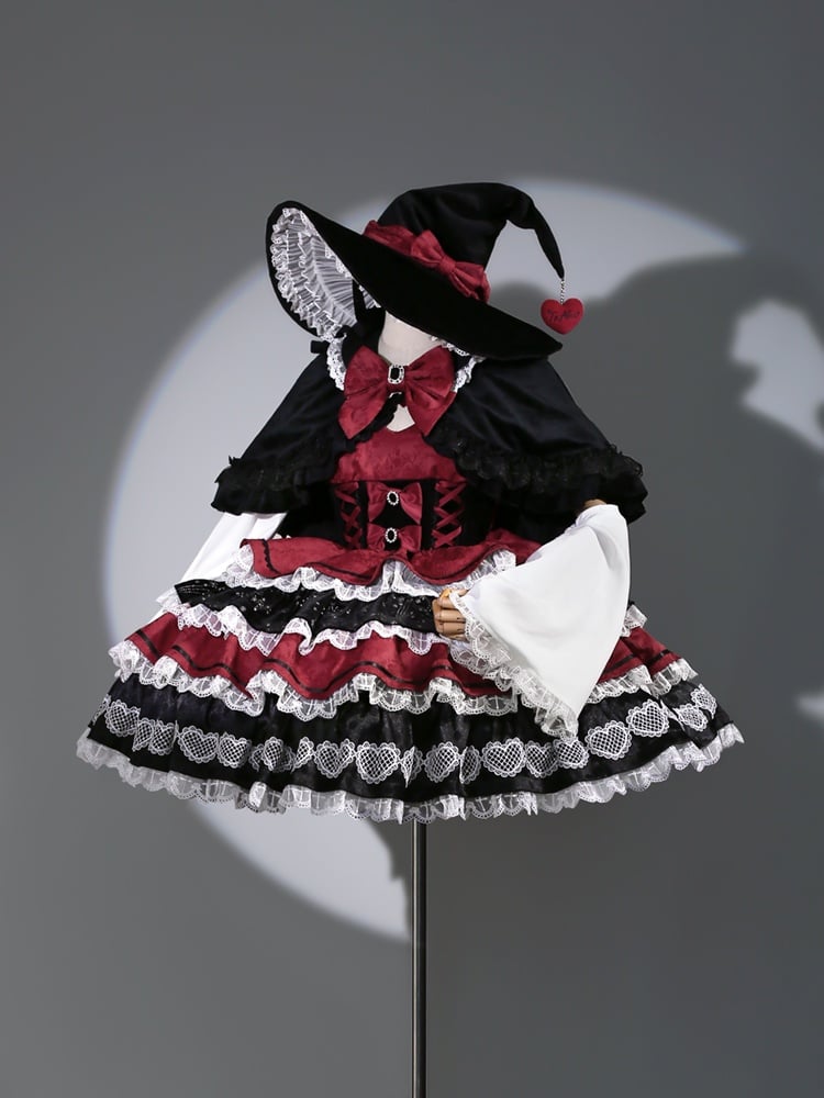 Black Red Bow with Lace Halloween Witch Hat