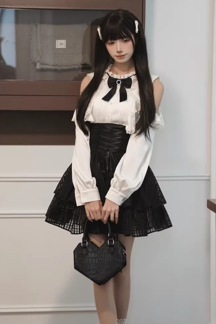 Monochrome Elegant Jirai Kei Skirt Set with Double-Layered Cut-Outs and Bow Lacing