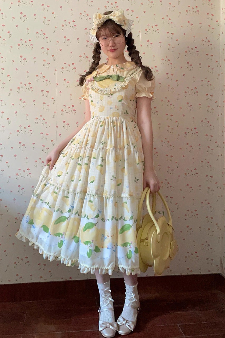 Sunshine Printed Ruffle Bow Lace Sweet Long Jumper - Lemon Chicken