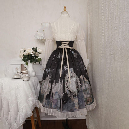 Lolita Elegant Bowknot Lace Shirt Clock Print High Waist Skirt