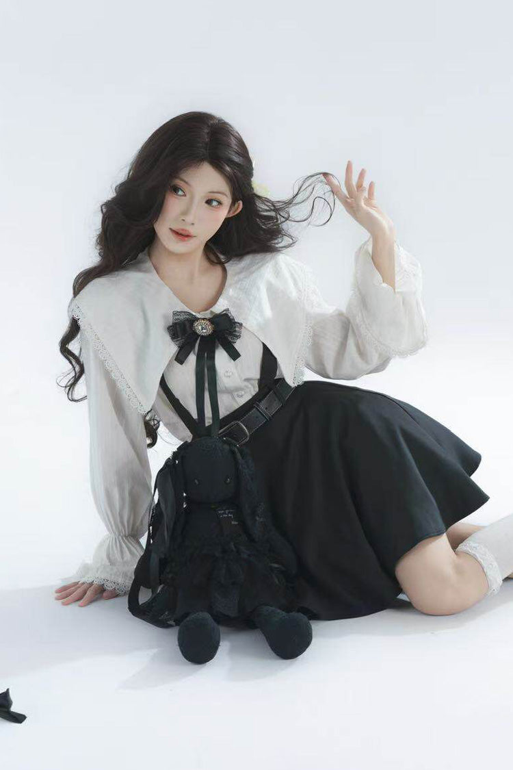 Monochrome Notch Collar Bow Detail Classic Lolita Strap Dress Set