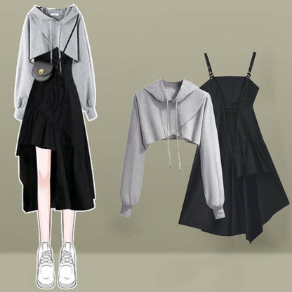 Cross Short Sport Hoodie Irregular Slip Dress Set