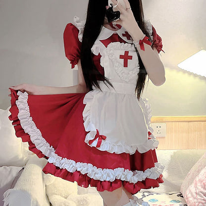 Kawaii Cross Print Ruffled Maid Lolita Dress Set