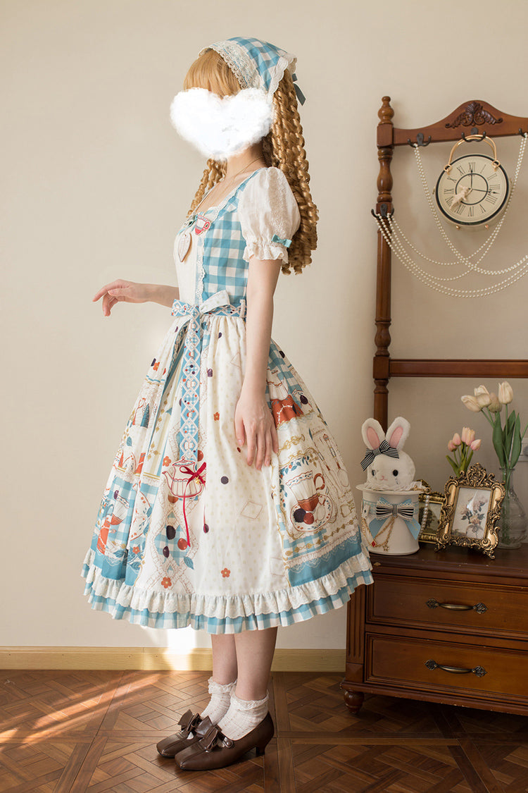 Tea Party Print Short-Sleeve Ruffle Bowknot Elegant Lolita Dress
