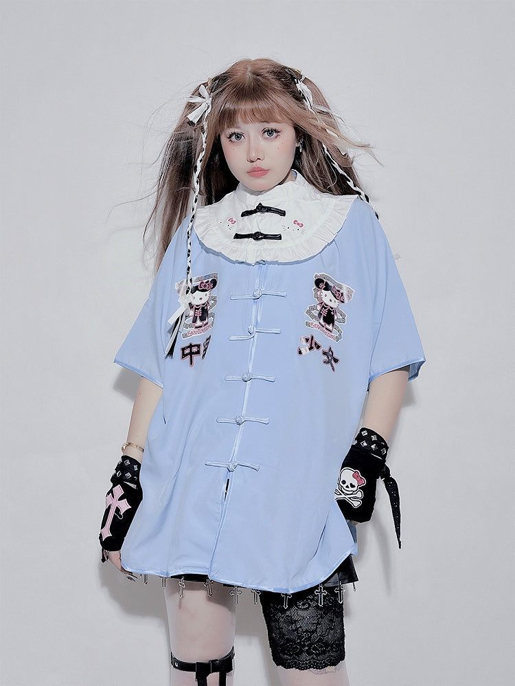 Black Blue Short Sleeves Kitty Print Banded Collar Jirai Kei Top