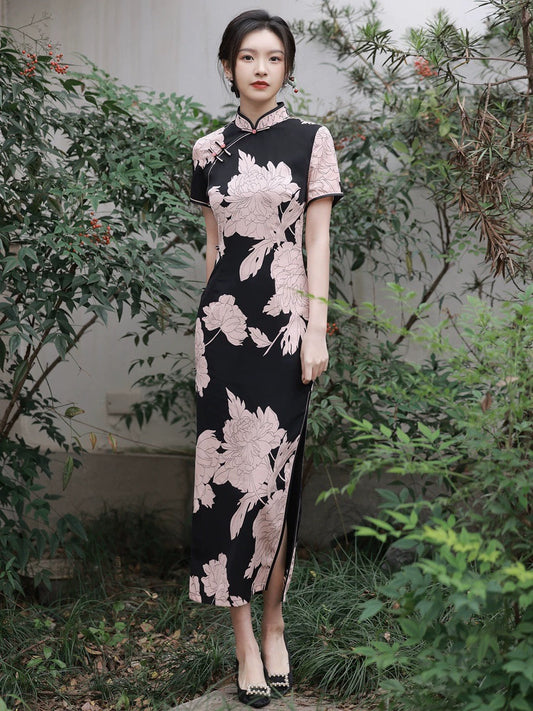 Black with Pink Flowers Cheongsam