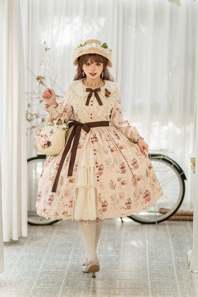 Lantern Sleeve OP Dress with Floral Print - Sweet Lolita