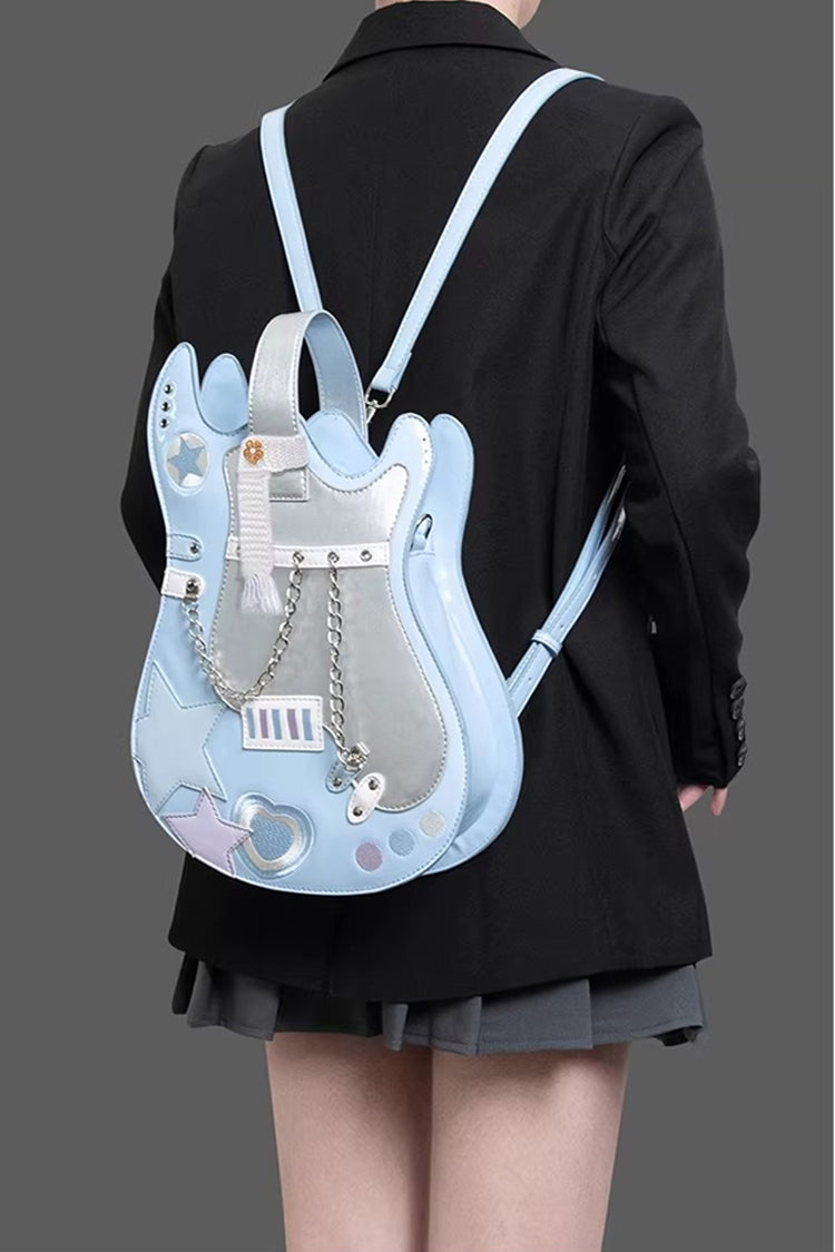 Embroidered Itabag with Guitar Heart and Chain, Color-Block Sweet Lolita