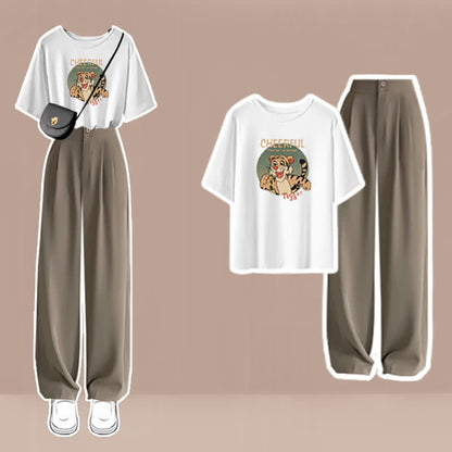 Cartoon Print T-Shirt High Waist Wide Leg Pants