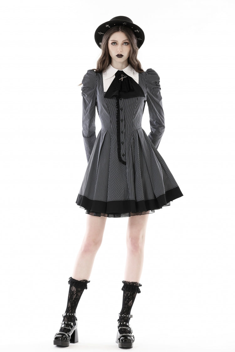 Black/White Notch Collar Puff Sleeve Gothic Striped Preppy Dress