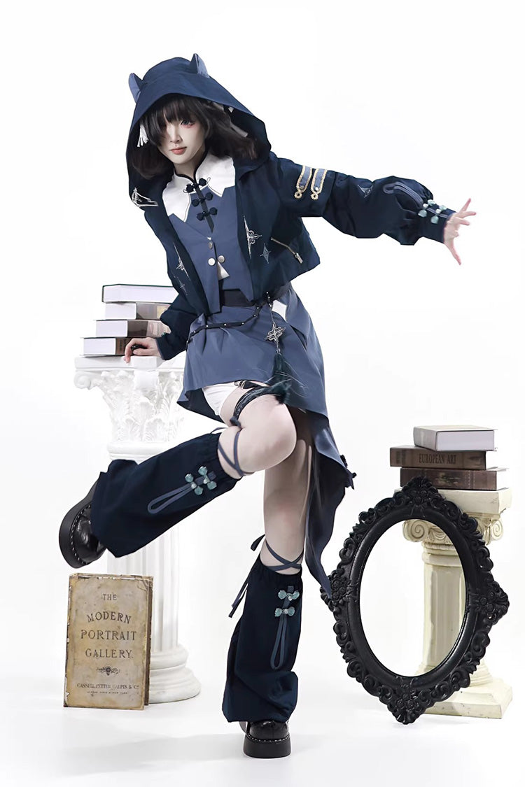 Stand Collar Long Sleeves Embroidered Hooded Asymmetric Punk Ouji Lolita Dress Four-Piece Set - Indigo Shadow Journey