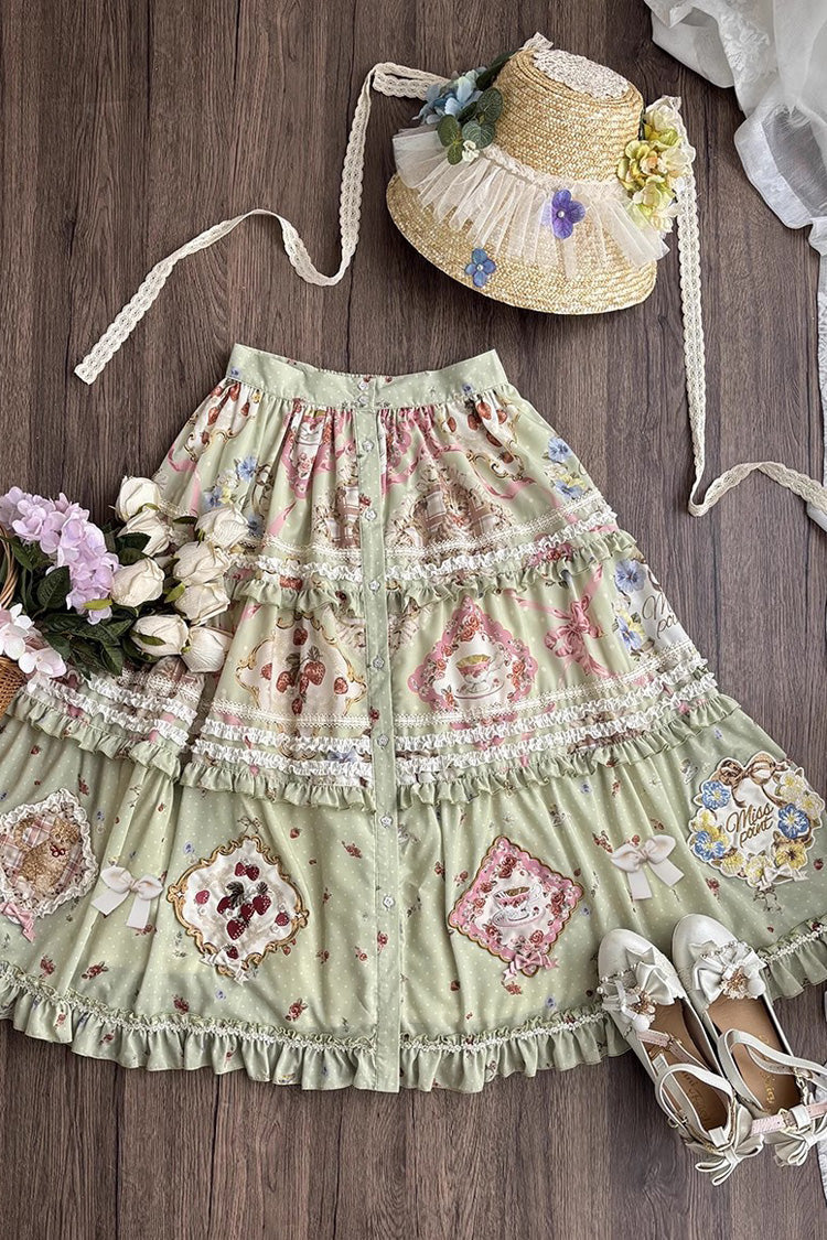 Green Cat Rose Tea Print Ruffle Sweet Lolita Skirt