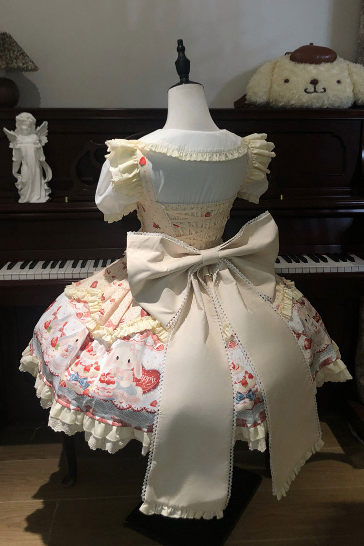 Yellow [Cute Rabbit Party] Sleeveless Double-Layered Printed Ruffled Bow Sweet Lolita Jsk Dress