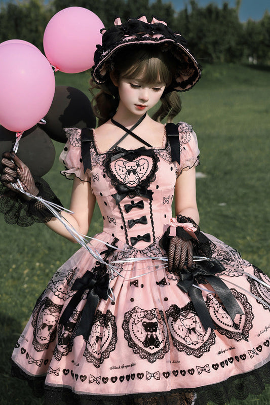 Blush Square Collar Embroidered Bow Lolita Dress with Train - Sugar Bear