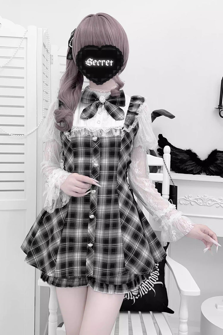 Feather Ode Stand Collar Long Sleeve Ruffled Bow Lace Japanese Streetwear Dress with Shorts
