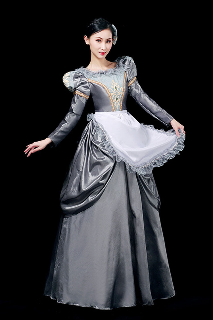 Gray Floral Print Victorian Gown with Boat Neck - Long Sleeves