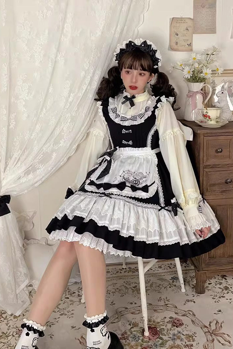 Monochrome Alice-Inspired Sweet Lolita JSK with Ruffled Square Collar