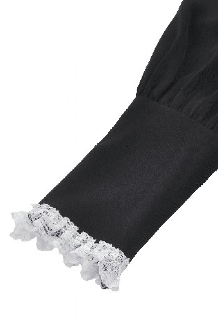 Monochrome Gothic Dress with Pleated Lace, Stand Collar, and Puff Sleeves