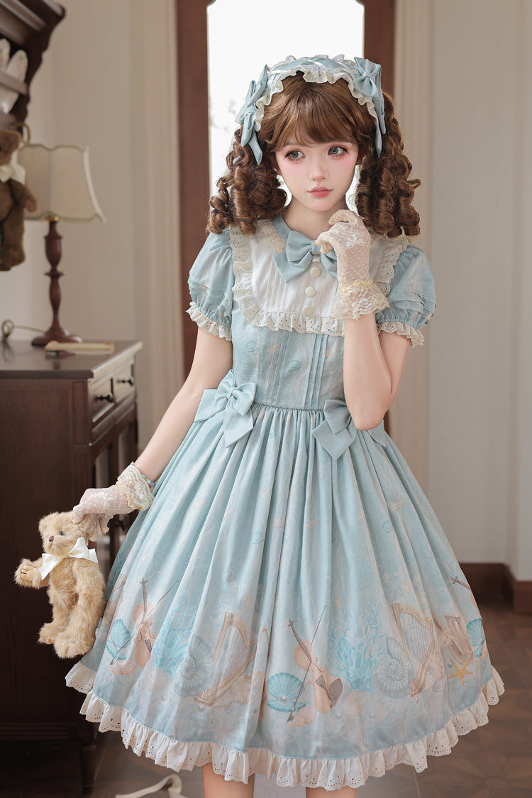 Underwater Concert Round Collar Short Sleeve Printed Bow Sweet Lolita Gown