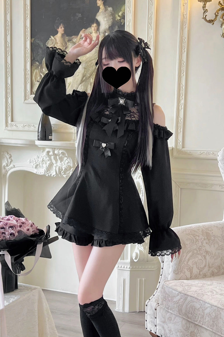 Sweet Off Shoulder Halterneck Long Sleeve Ruffled Bow Lace Jirai Kei Dress Shorts Set