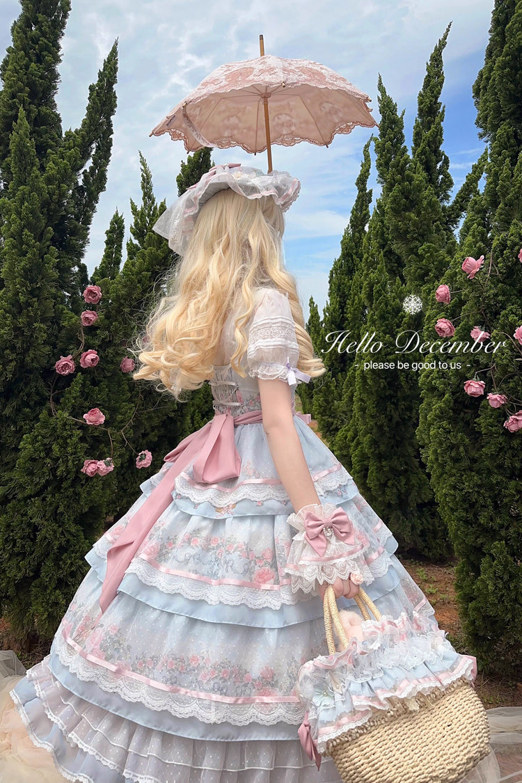 Rose Flower Cage Triple-Layered Ruffled Bow Elegant JSK