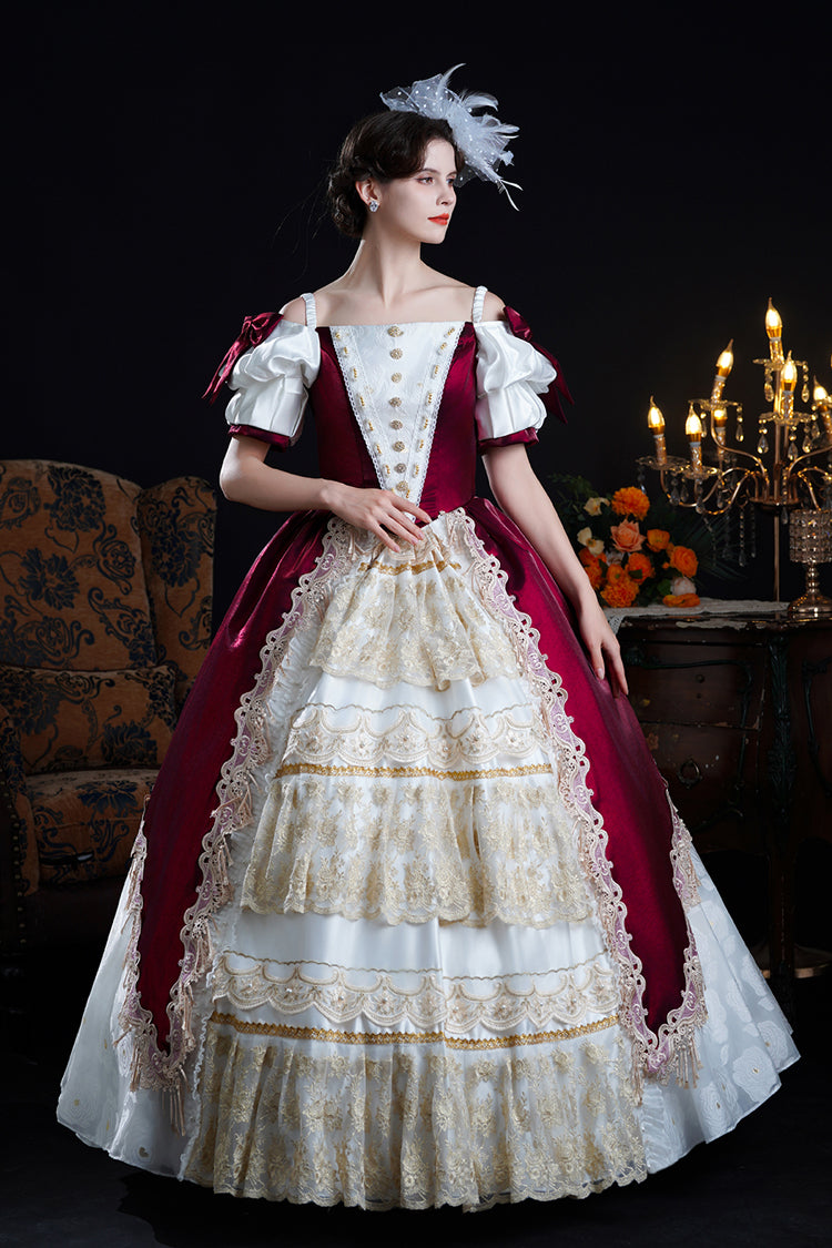 Crimson Apricot Off-Shoulder Short Sleeve Ruffled Cardigan Bow Lace Classic Victorian Lolita Dress
