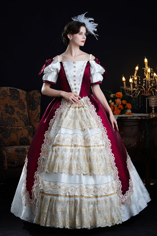 Crimson Apricot Off-Shoulder Short Sleeve Ruffled Cardigan Bow Lace Classic Victorian Lolita Dress