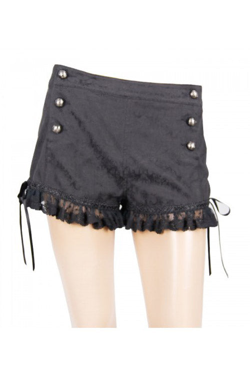 Gothic Jacquard Short Pants for Women in Black with Double-Breasted Buttons & Lace Hem