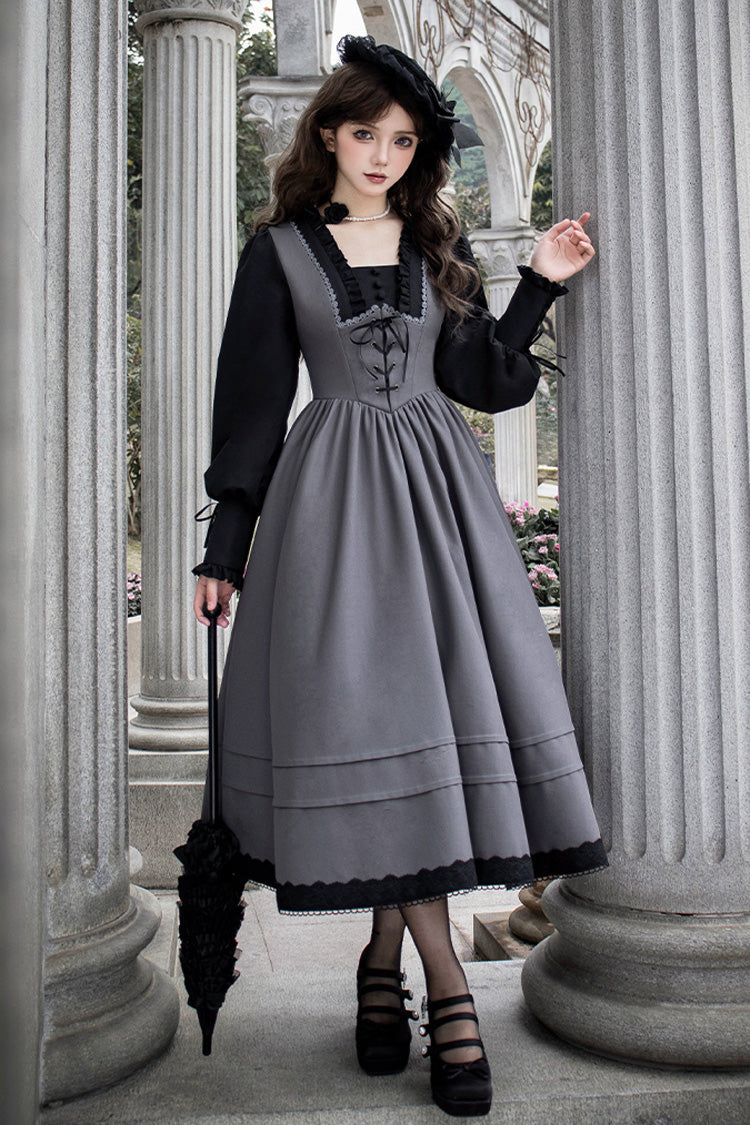 Ash Square-Collar Color-Block Lolita Gown with Lace-Up Bow