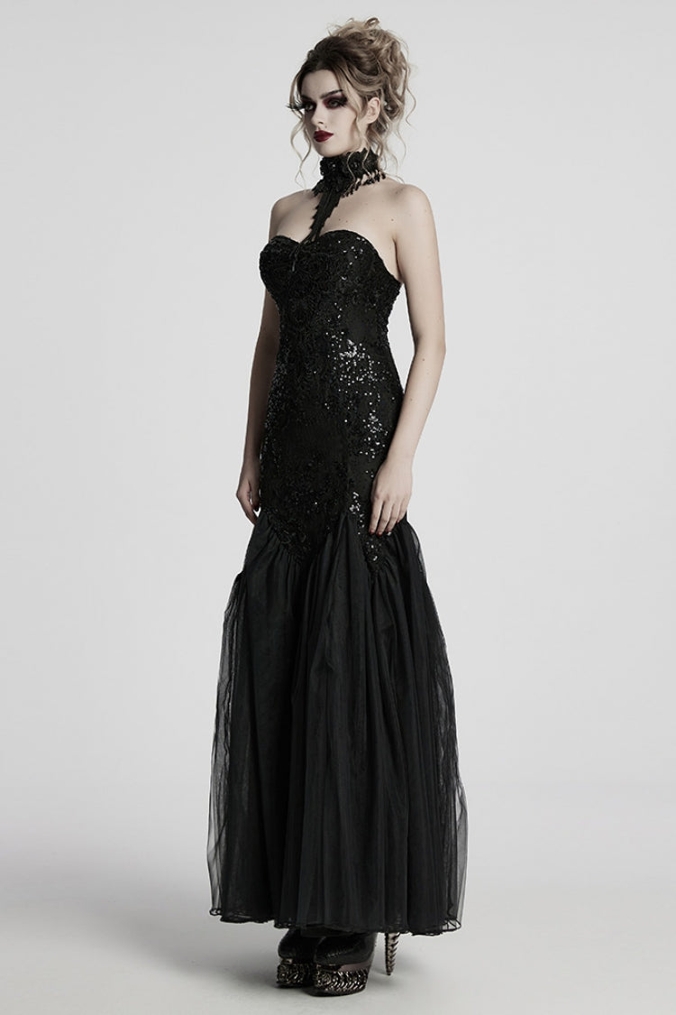 Black Off-Shoulder Embroidered Lace Slim Gothic Fishtail Gown