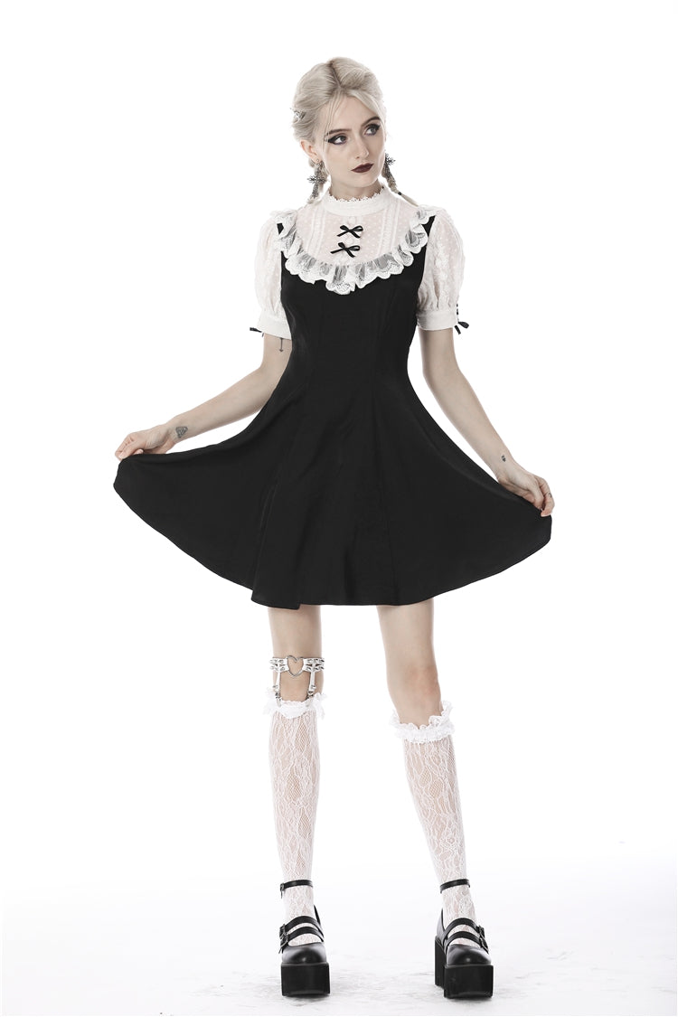 Black/White Stand Collar Short Sleeves Ruffled Women's Sweet Gothic Lolita Doll Midi Dress
