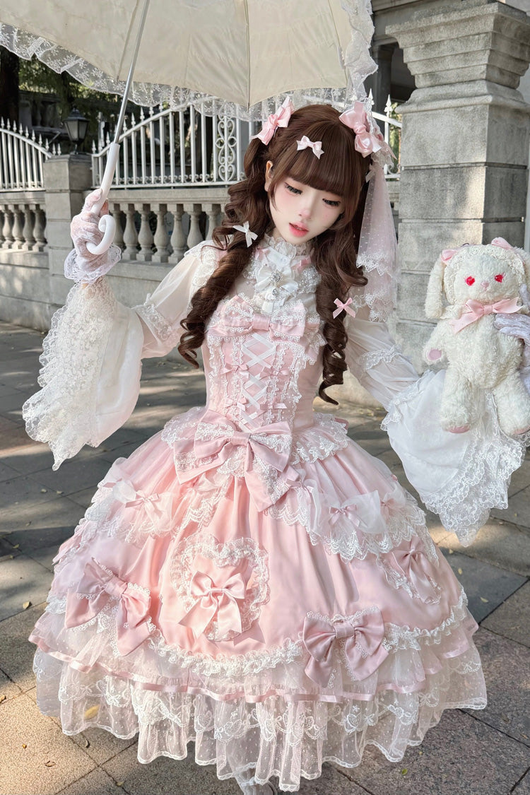 Blush Sleeveless Embroidered Lace-Up Bow Lolita JSK - Sweetheart