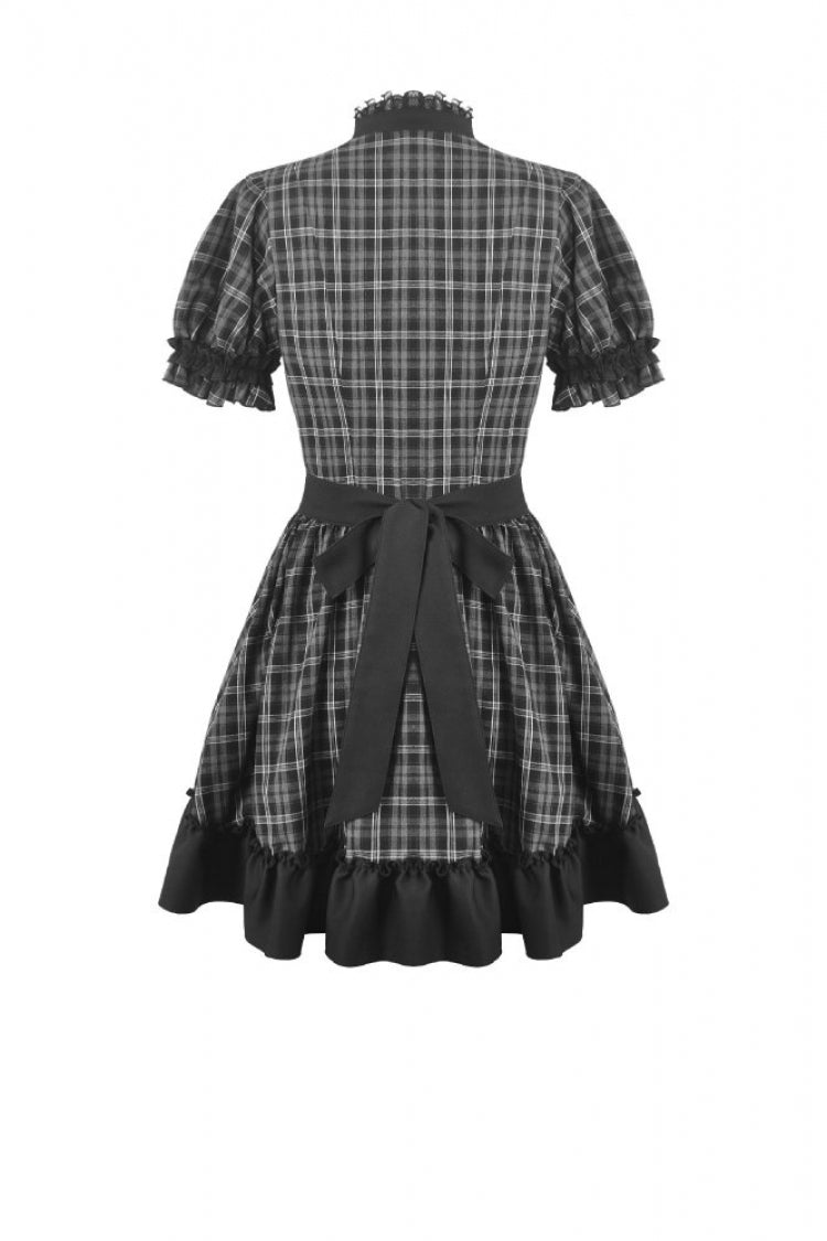 Monochrome Gothic Lolita Dress with Plaid, Stand Collar, and Lace-Up Front