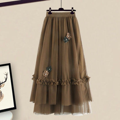 Brown Turtleneck Sweater Blossom Decor Tulle Skirt Set