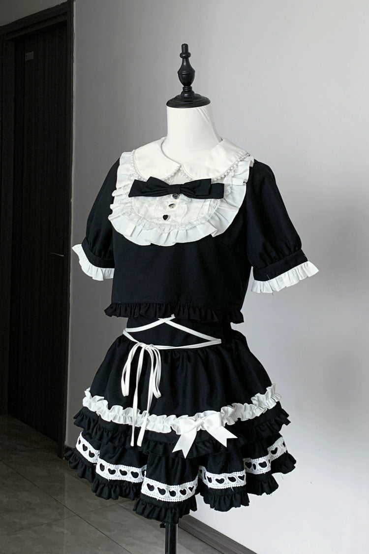 Double-Layered Skirt Set with Doll Collar and Bow Accents