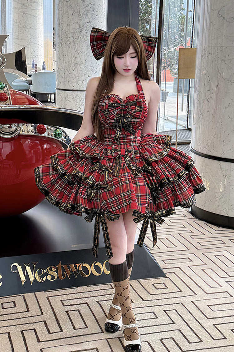 Crimson Rock Kitty Sleeveless Triple-Layer Printed Ruffled Bow Gothic Lolita JSK