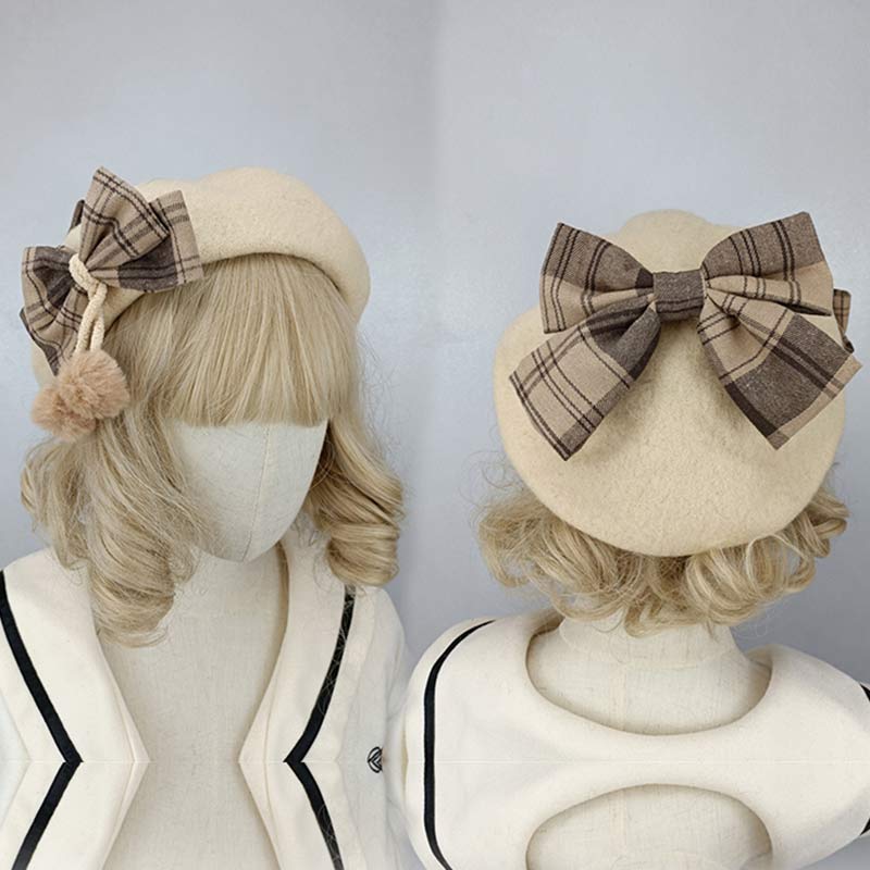 Vintage Bow Knot Plaid Lolita Beret