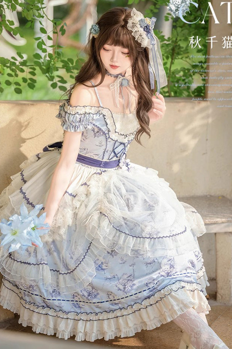 Swing Cat Print Ruffled Bow Lace Sweet Elegant Lolita Jumper Dress