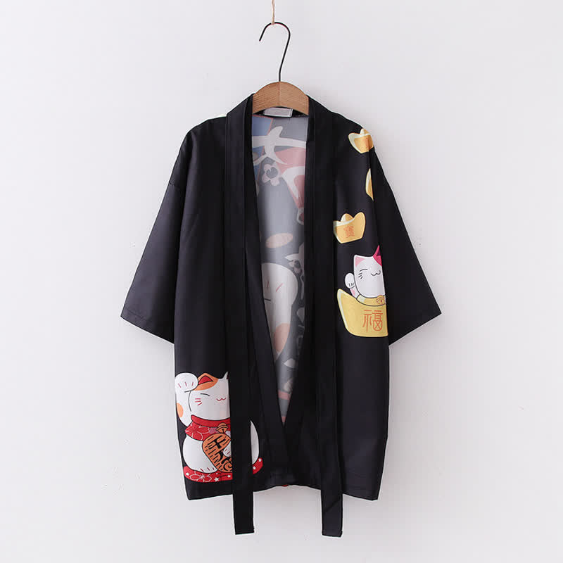 Lucky Cat Letter Print Cardigan Kimono Outerwear