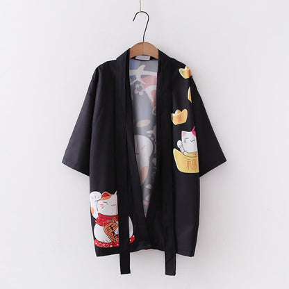 Lucky Cat Letter Print Cardigan Kimono Outerwear